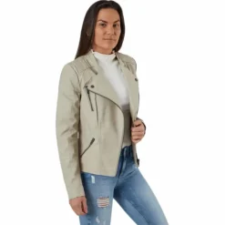 Ava Faux Leather Biker Otw Beige